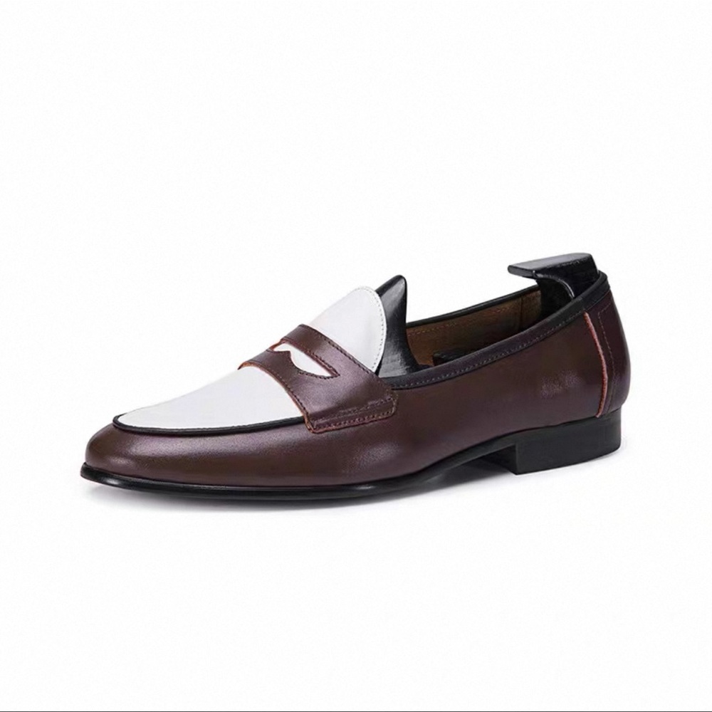 Brown and White Leather Loafers Slip-Ons